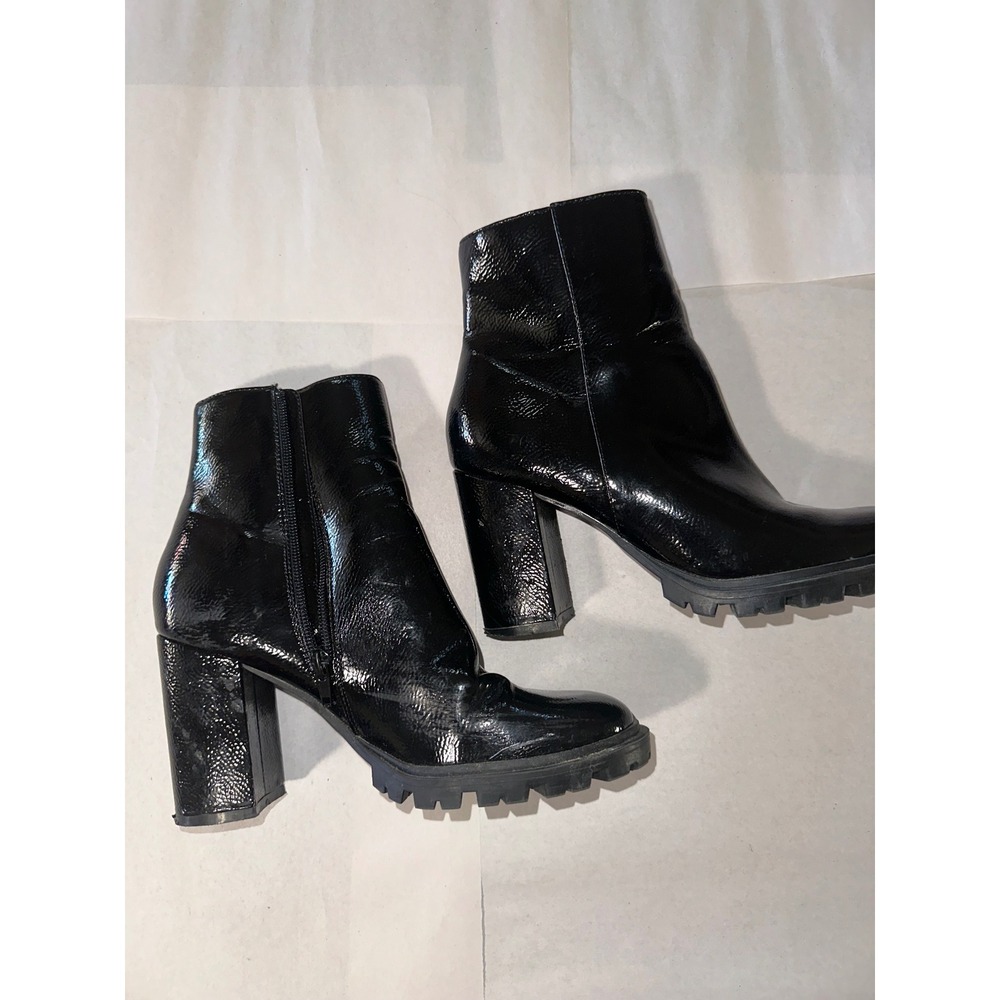 Black Patent Lug Sole Block Heel Ankle Boots Womens 8